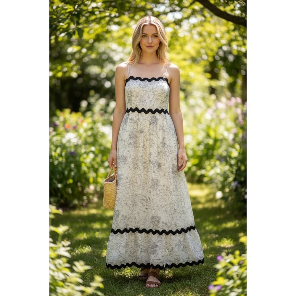 Dress Up Floral Maxi Dress Womens Ivory Black Rickrack Trim Smocked Medium